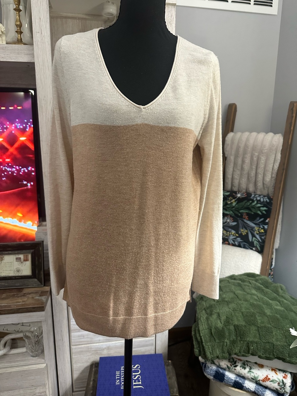 Ann Taylor Two-Tone Beige and Cream V-Neck Sweater